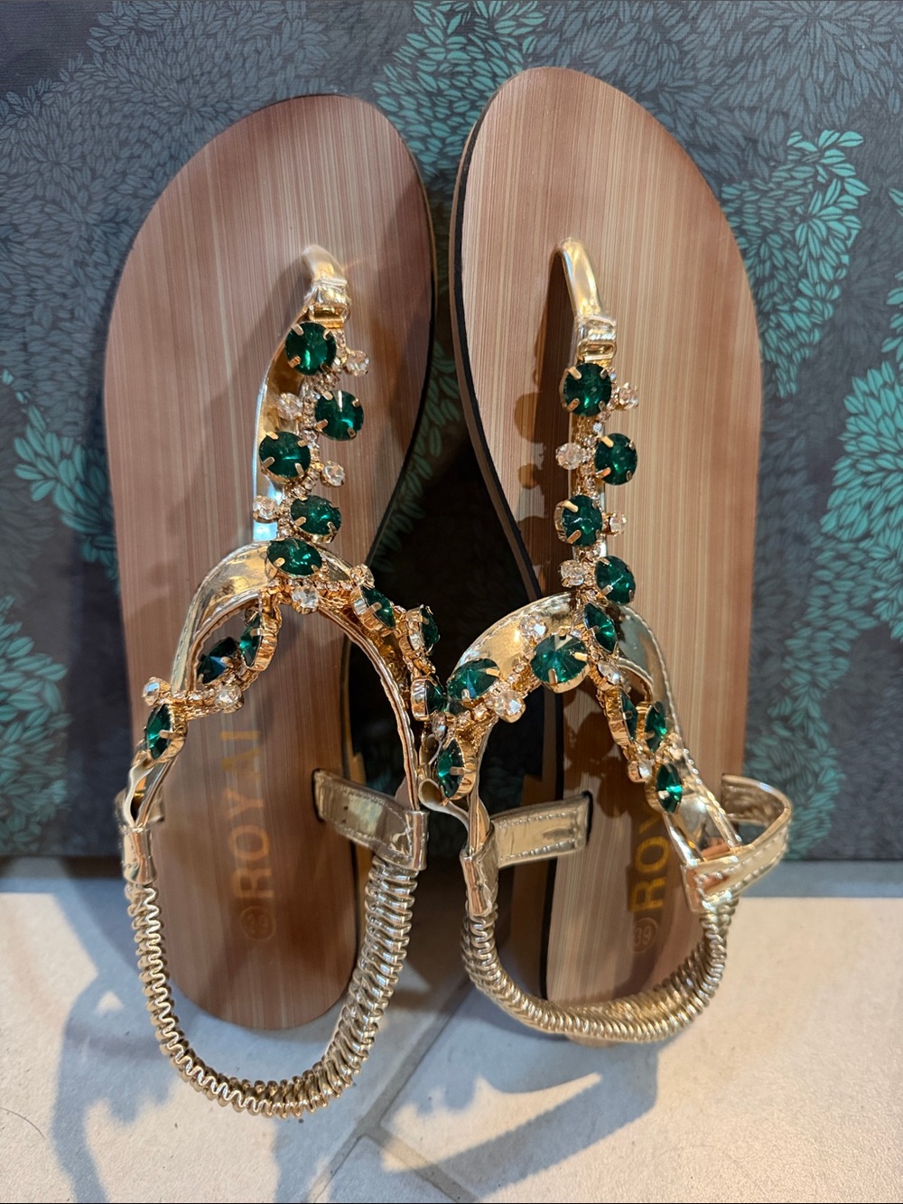 Gold T-Strap Sandals with Emerald Gem Accents - Picture 2 of 5